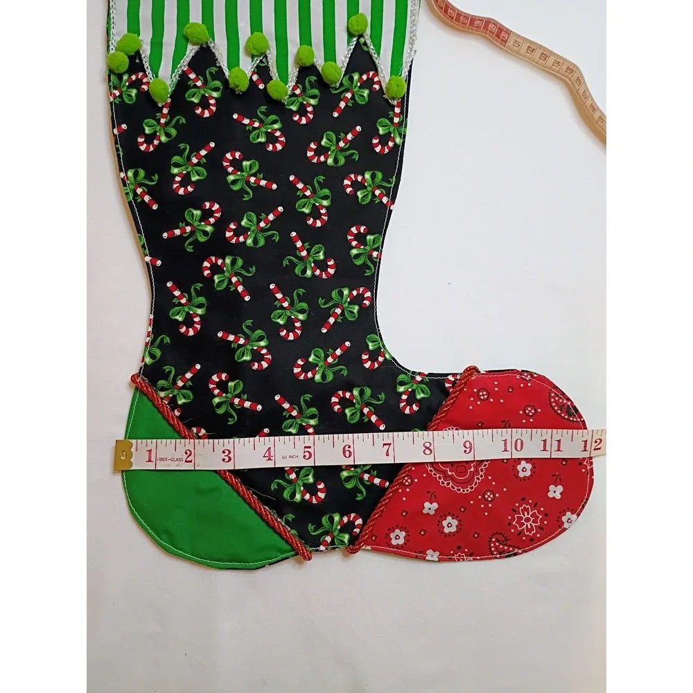 Handmade Christmas Stocking Candy Cane Patchwork Red Green‎ Black Elf Boot Style